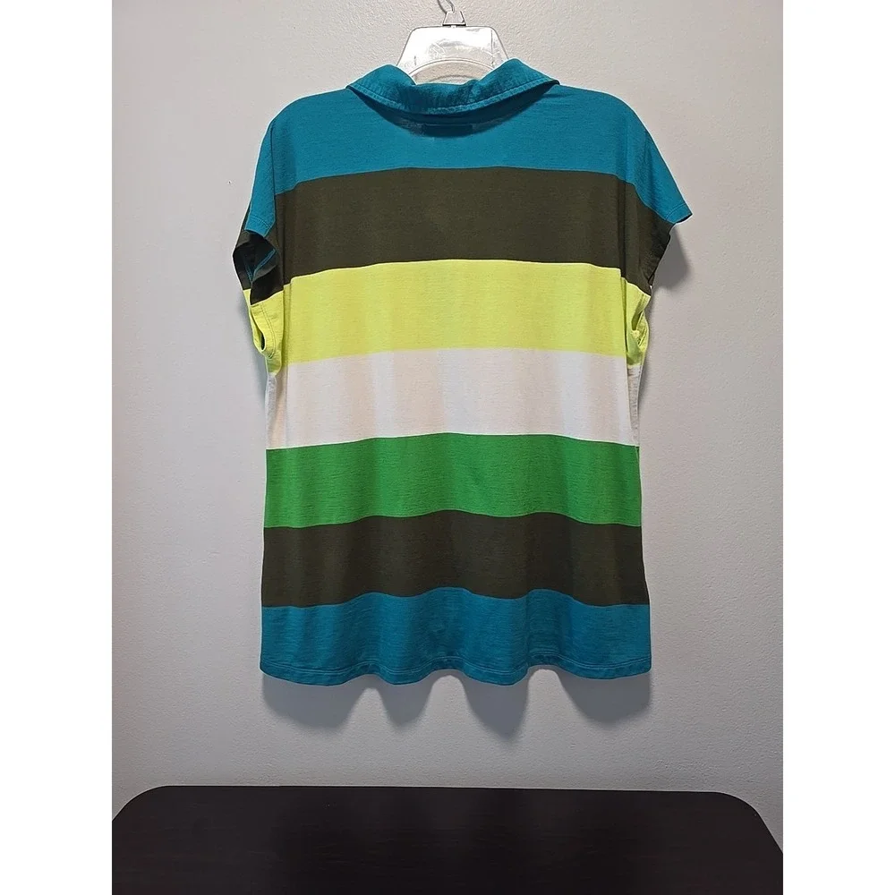 Liz Claiborne Women's Large Polo Shirt Multicolor Striped Cap Sleeve Cotton Knit